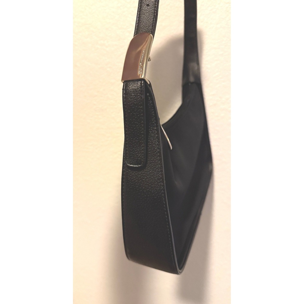 Enzo Angiolini Black Nylon Shoulder Bag Pebbled Leather Trim Baguette Purse - Picture 3 of 13
